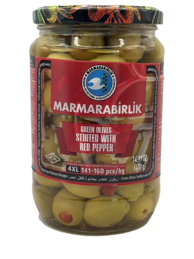 Marmarabirlik Green Olives Stuffed W Red Pepper image 0